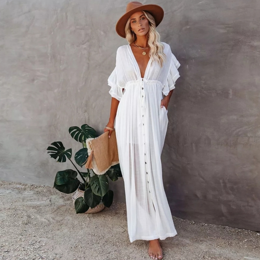 New Boho Gauze Maxi Cover Up Flowy Dress White - Picture 3 of 13